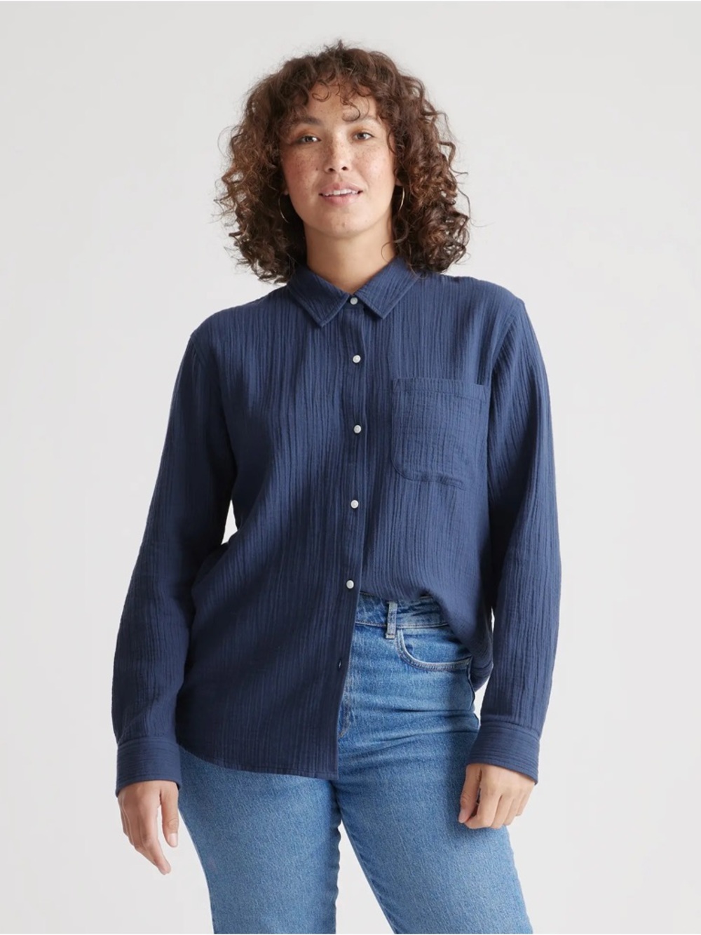 Quince 100% Organic Cotton Gauze Long Sleeve Shirt in Indigo Blue (navy) coastal